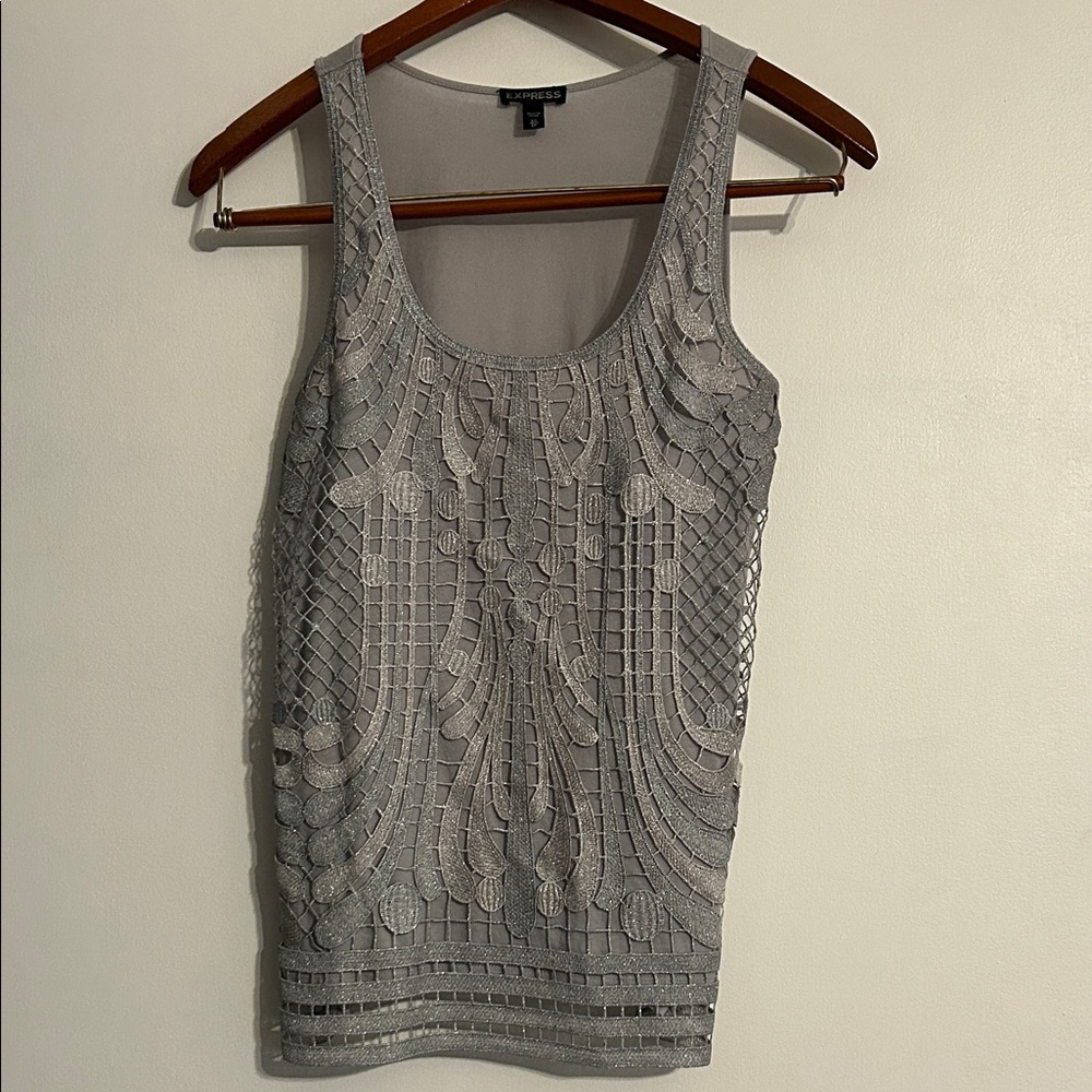 Express Women's Sleeveless Gray Silver Tank Top Lace Overlay Sz XS Glam Shimmer